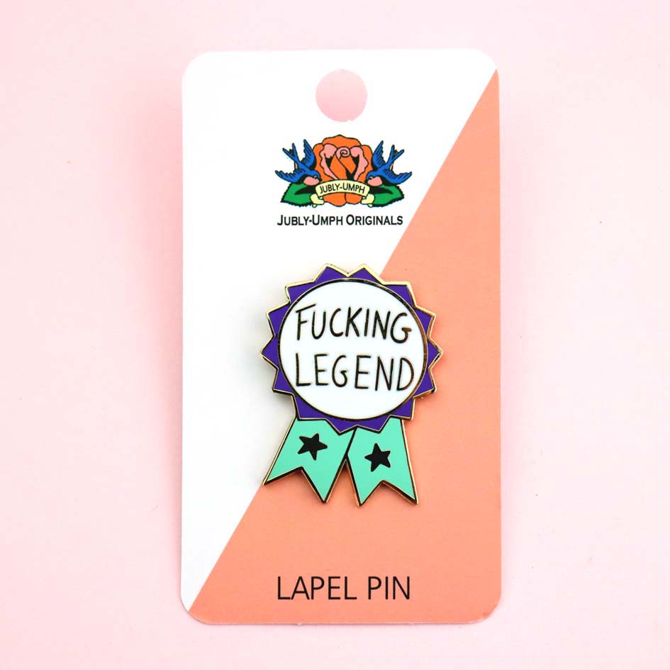 Fucking Legend Lapel Pin on a card