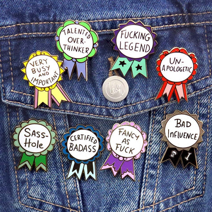 Fancy As Fuck Lapel Pin on demin jacket with other pins